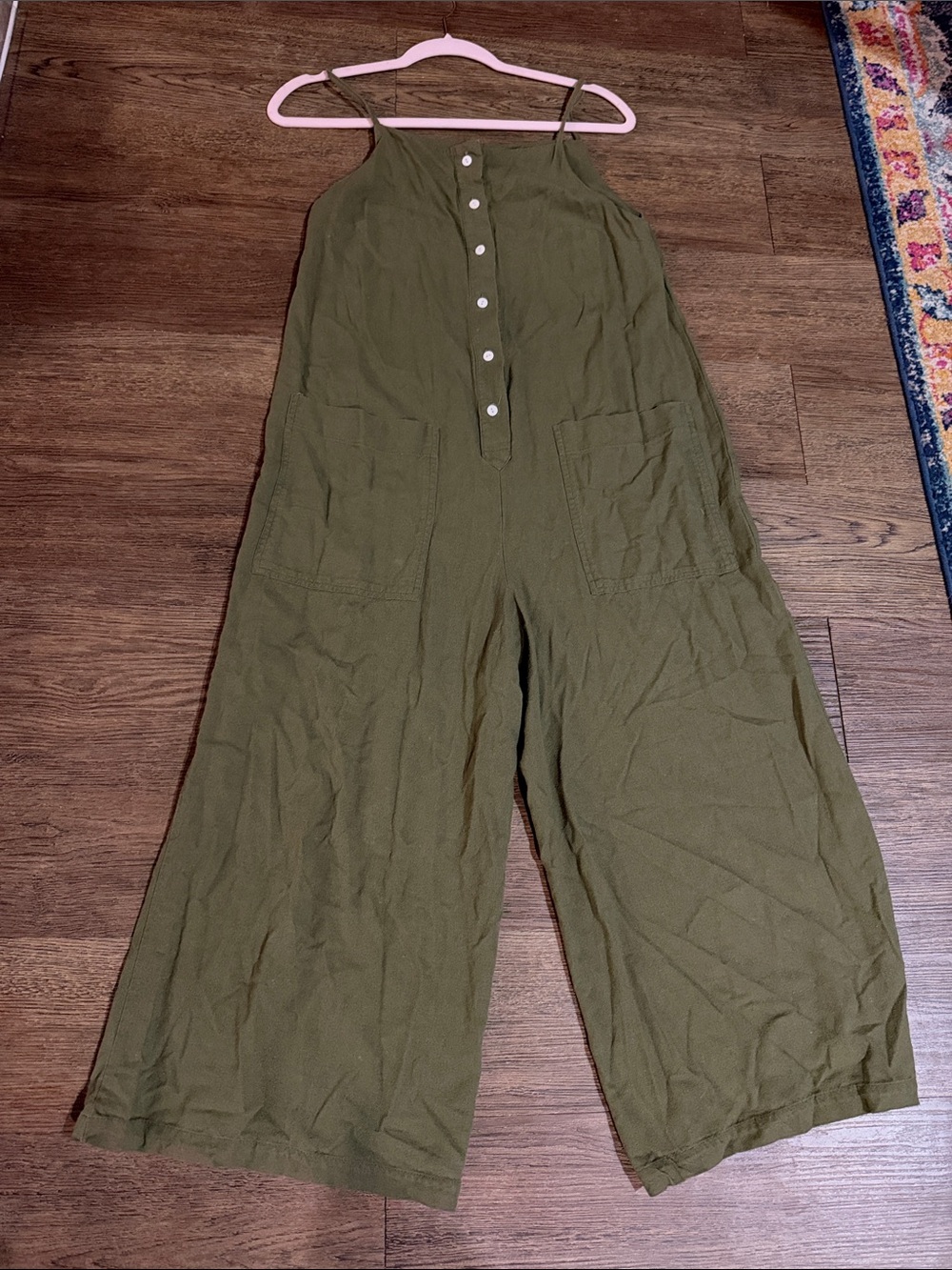 Sleeveless Olive Wide-Leg Romper with Front Buttons